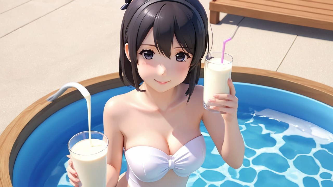 Young Woman in Bikini by Pool with Drinks