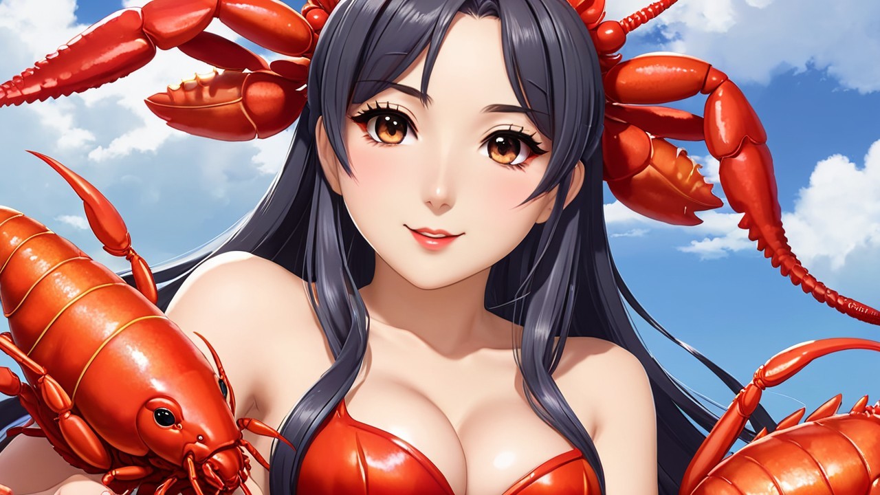 Vibrant Illustration of Woman with Lobsters in Red Outfit
