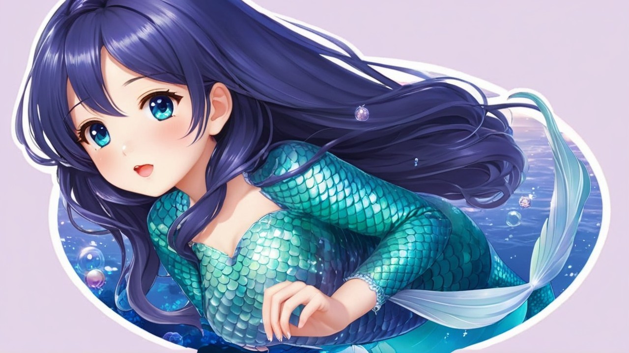 Cheerful mermaid with blue hair in shimmering waters