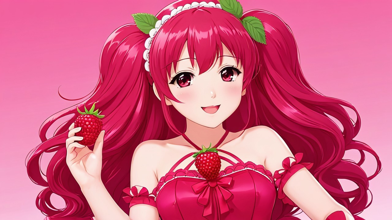 Vibrant anime character with pink hair and strawberries