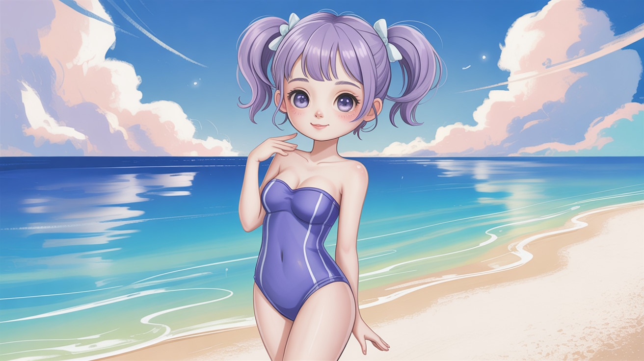 Anime girl with purple pigtails on sandy beach
