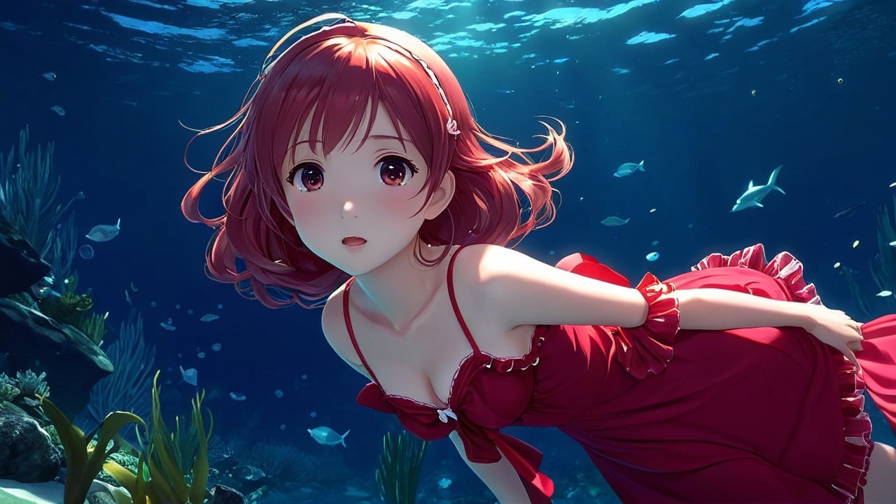 Young girl in red dress swimming underwater with fish