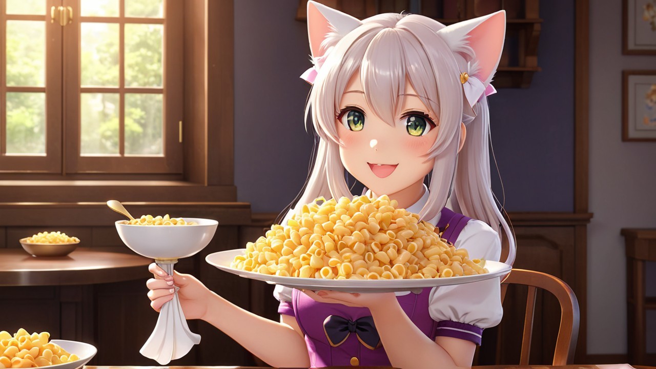 Cheerful anime character with cat ears and pasta platter