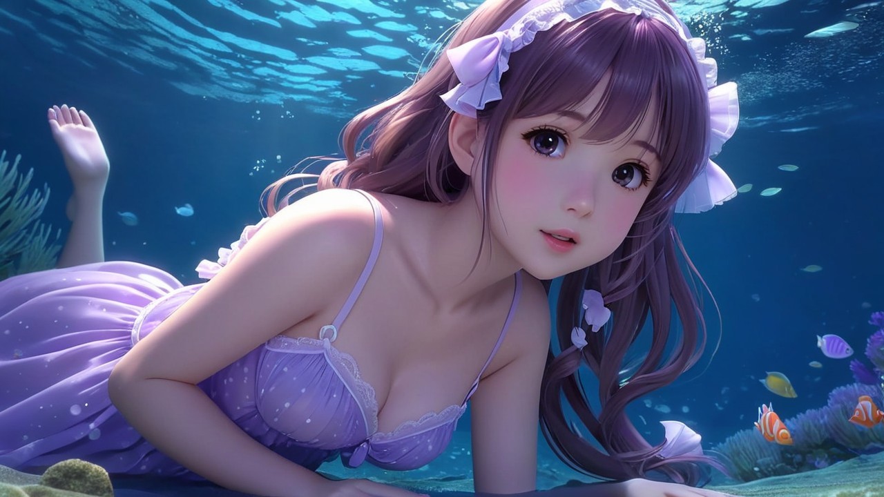Young girl with purple hair submerged in coral reef