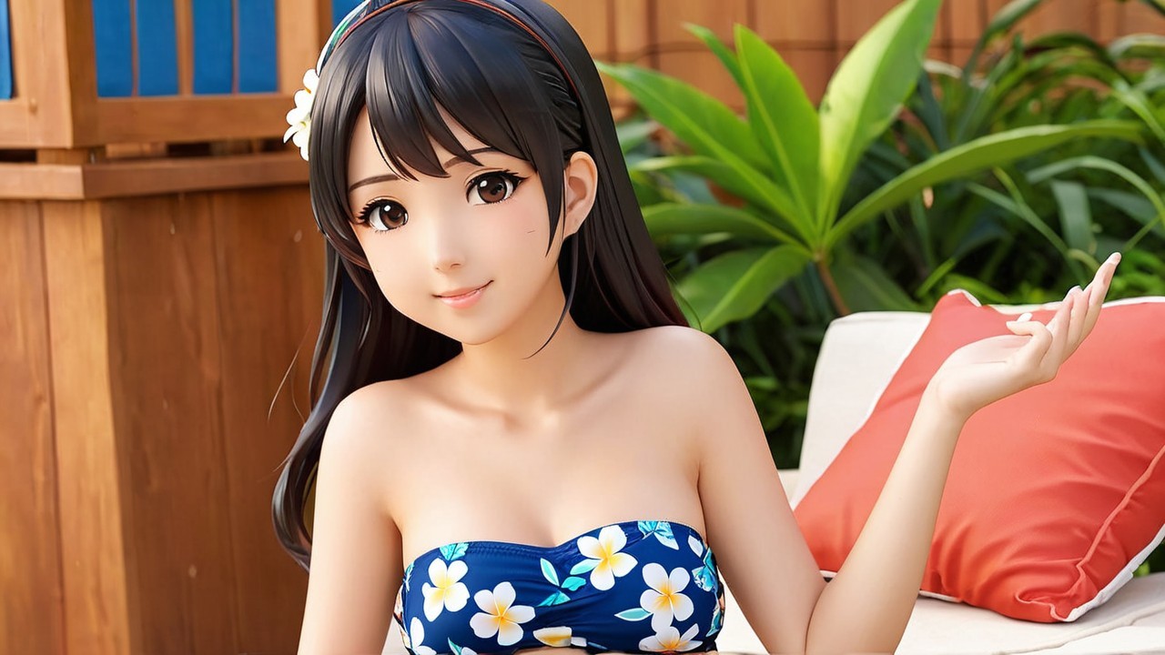 Young woman in floral bikini relaxing outdoors
