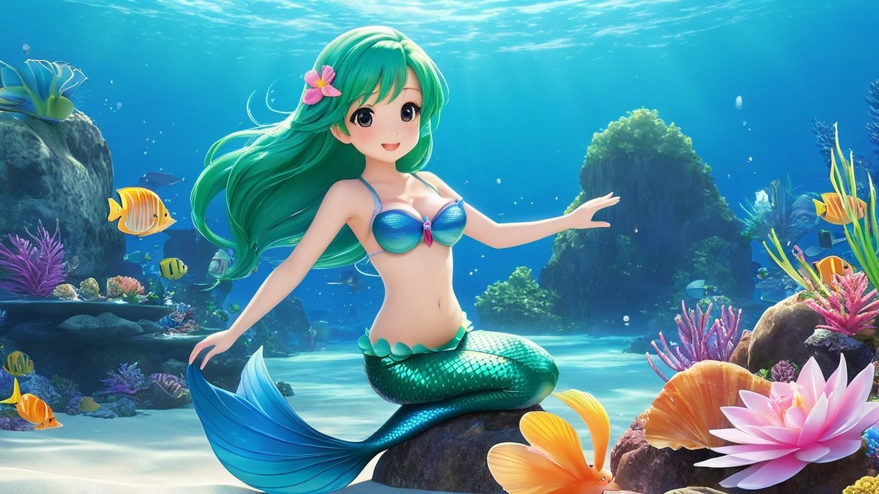 Colorful Underwater Scene with Cheerful Mermaid
