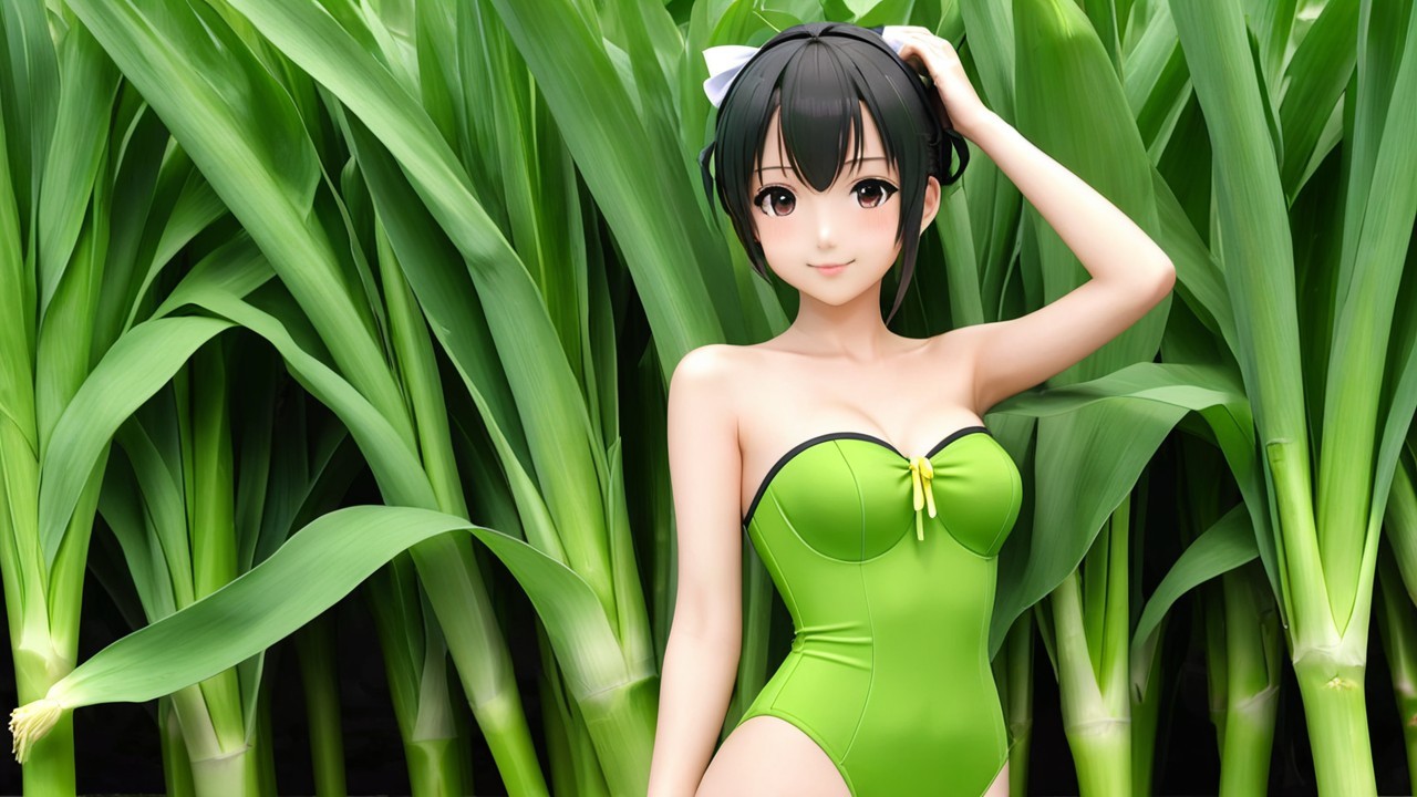 Cheerful character in vibrant green swimsuit among corn