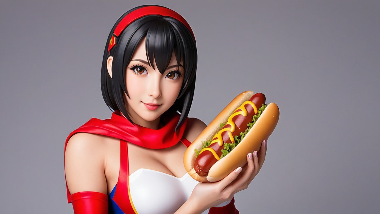 Anime Character with Hot Dog in Superhero Outfit