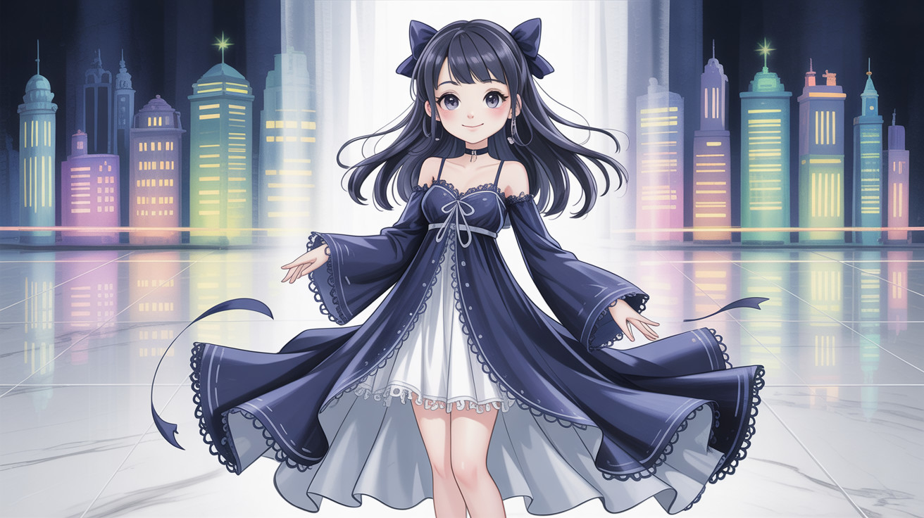 Anime girl in dark blue dress poses in cityscape at night