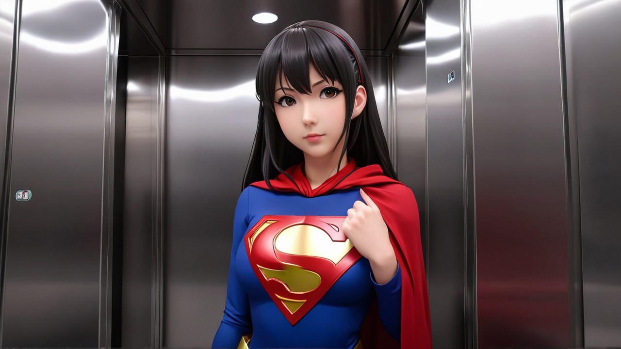 Young Woman in Superhero Costume in Elevator