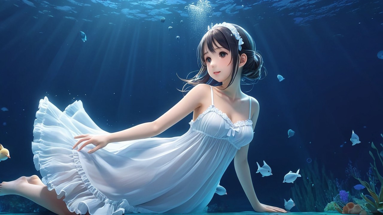 Underwater Scene with a Girl and Marine Life