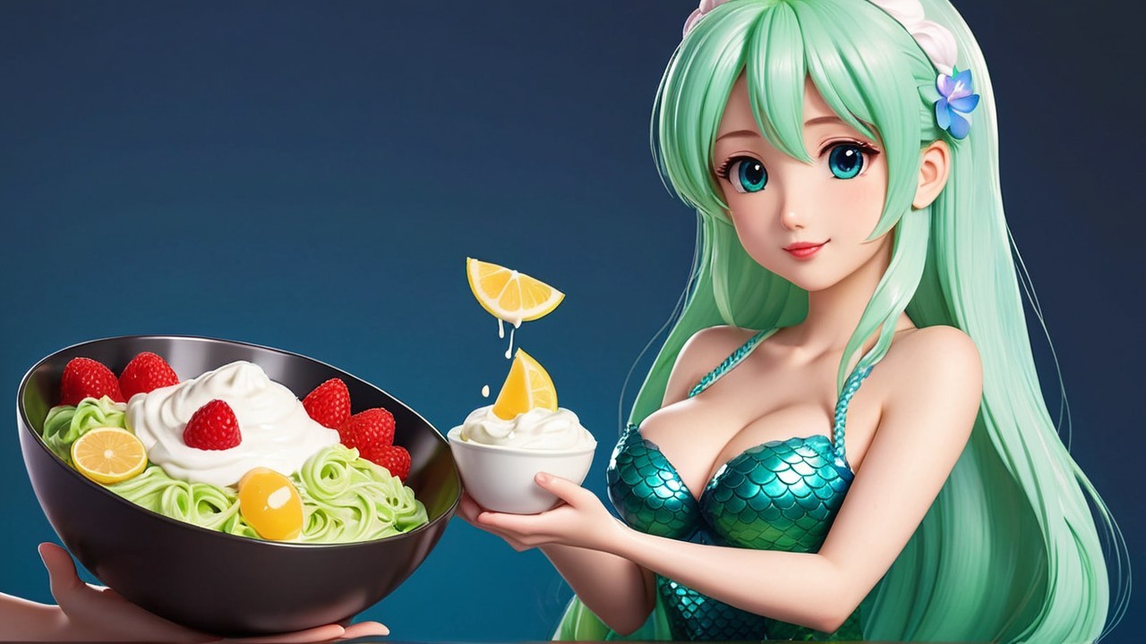 Vibrant animated character with colorful dessert bowls