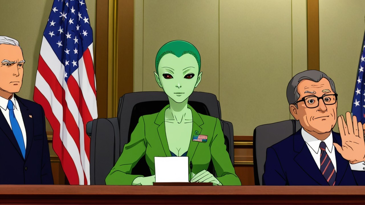 Alien Figure in Courtroom with Human Characters