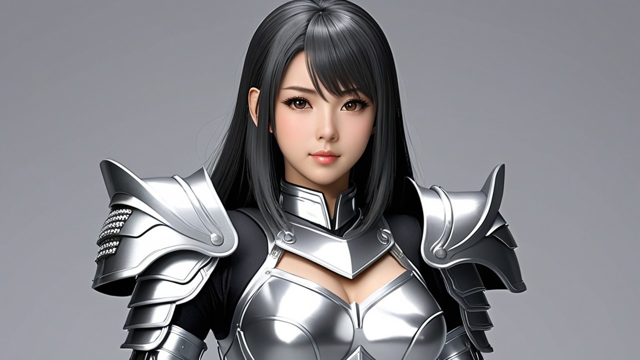 Young Woman in Intricate Silver Armor with Black Hair