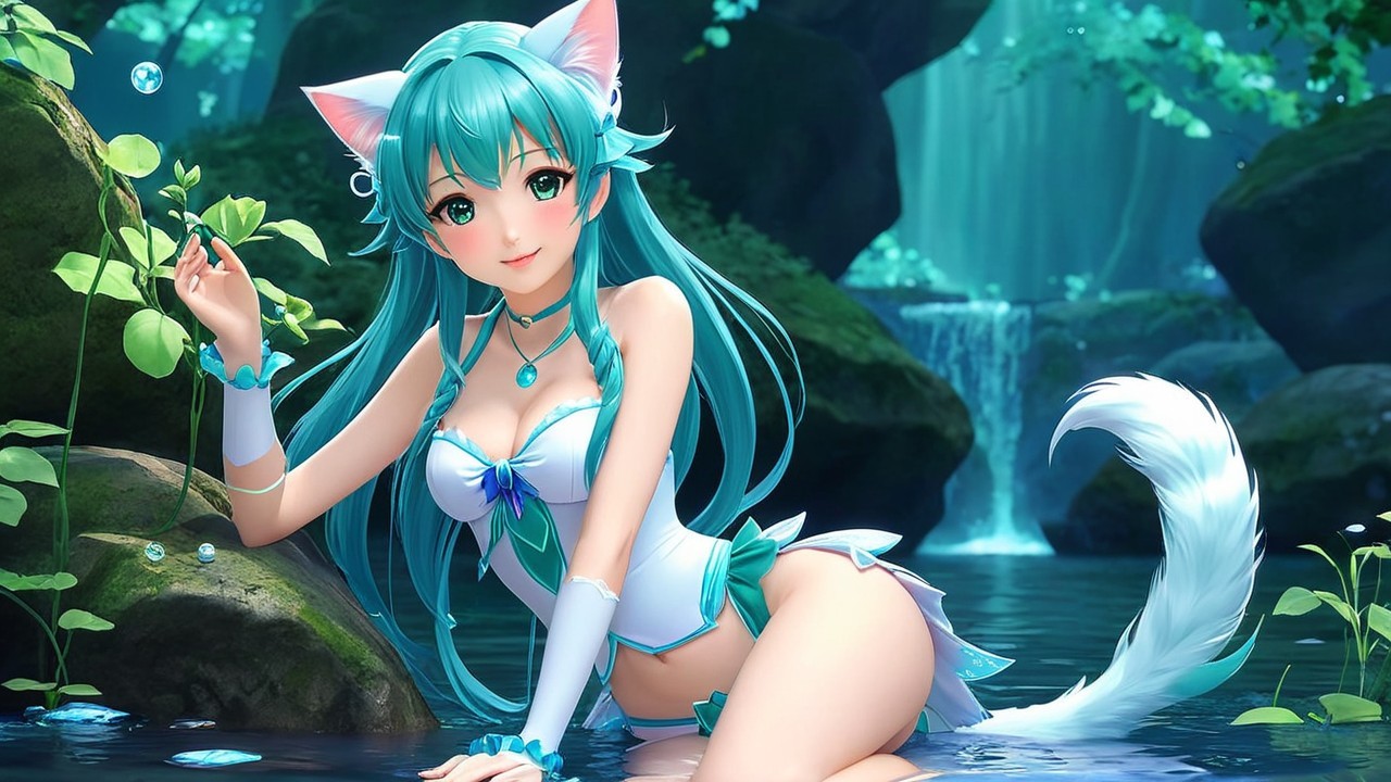 Aqua-haired character by a serene water pool