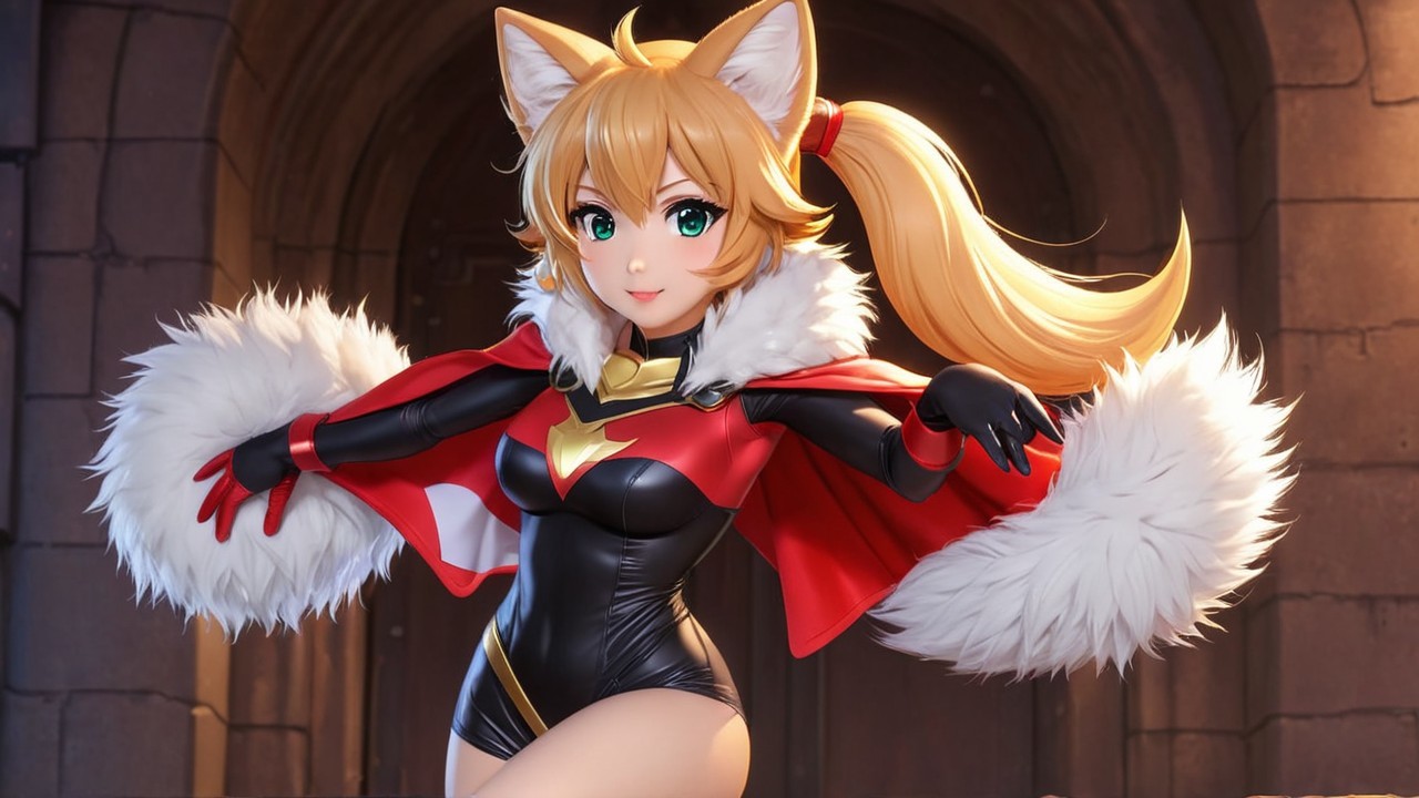 Stylized Animated Character with Fox Ears and Cape