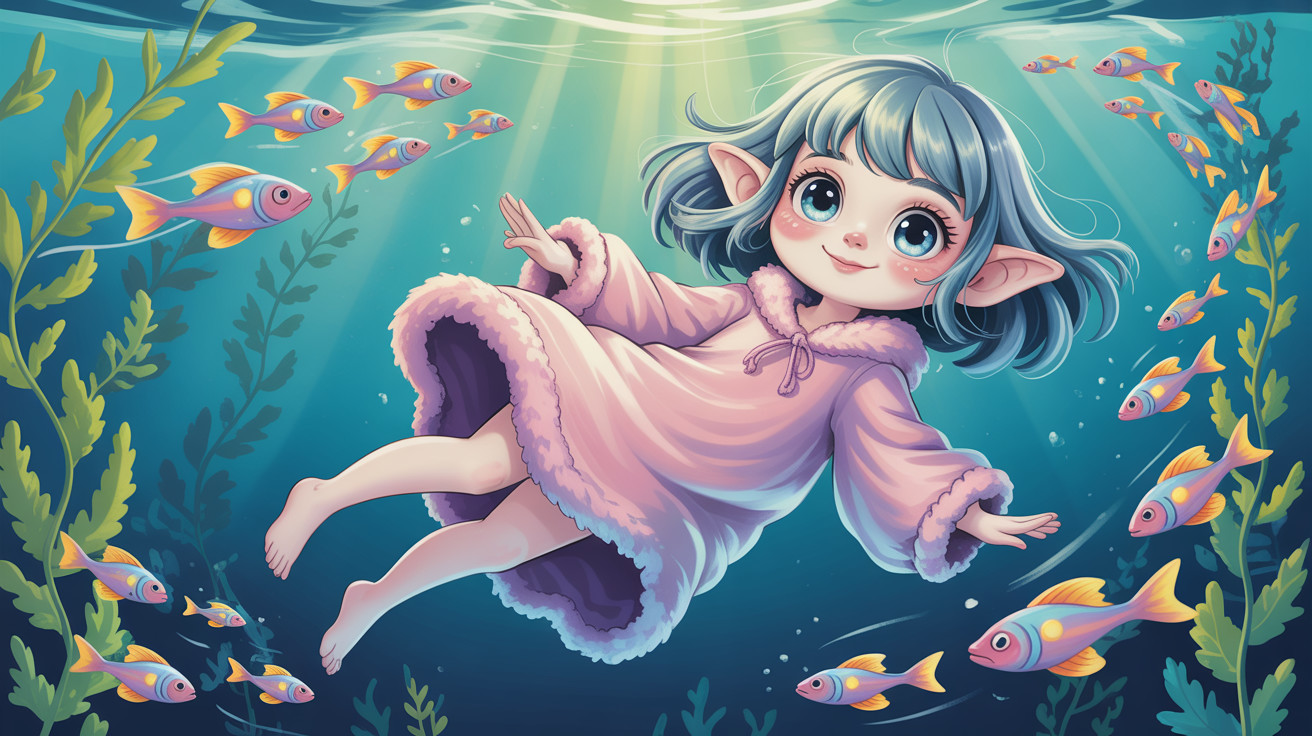 Underwater Scene with Elf-like Girl and Colorful Fish