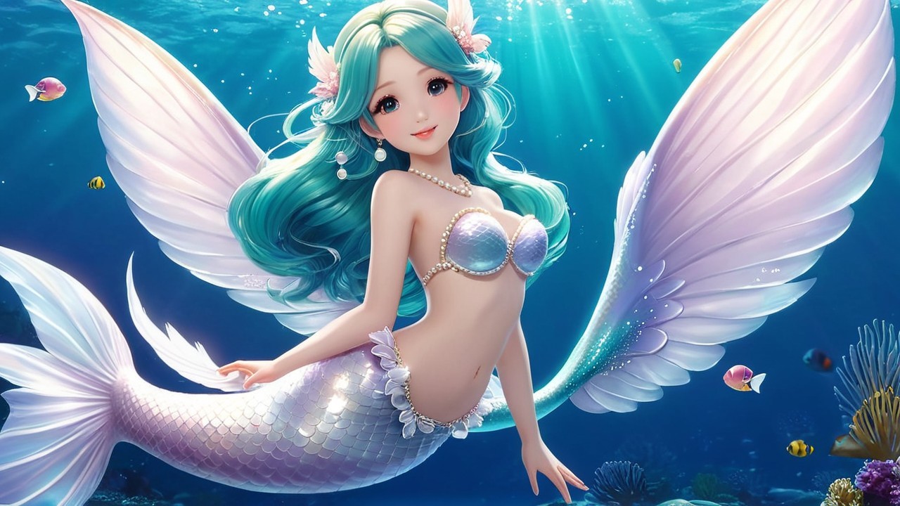 Mermaid in Vibrant Underwater Scene with Fish and Light
