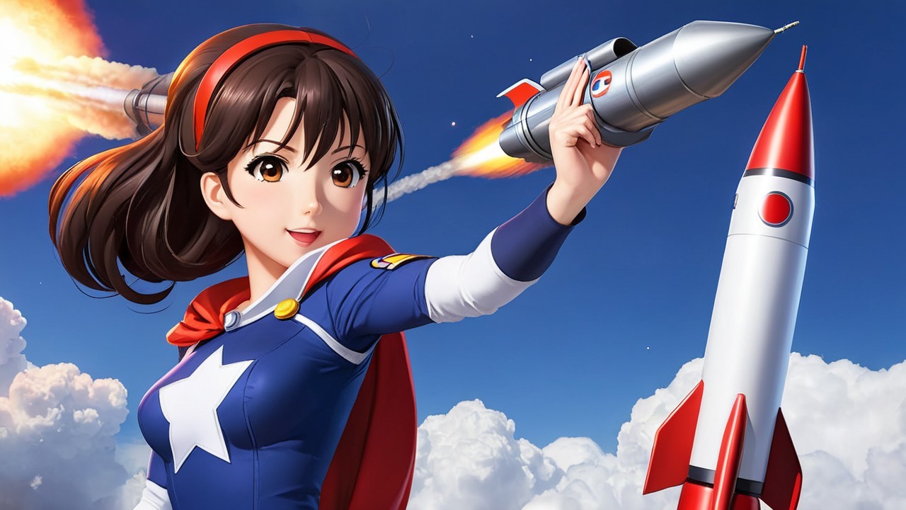 Anime Character in Superhero Outfit with Rocket Launcher