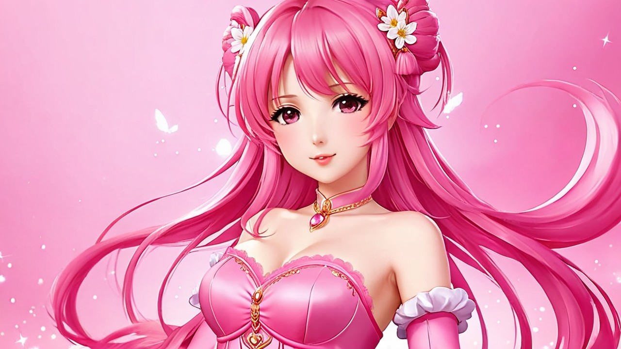 Vibrant Character Illustration with Pink Hair and Dress