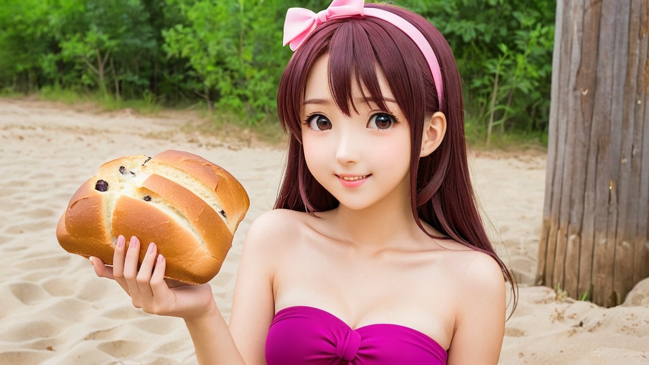 Young woman in purple bikini with bread in sandy area