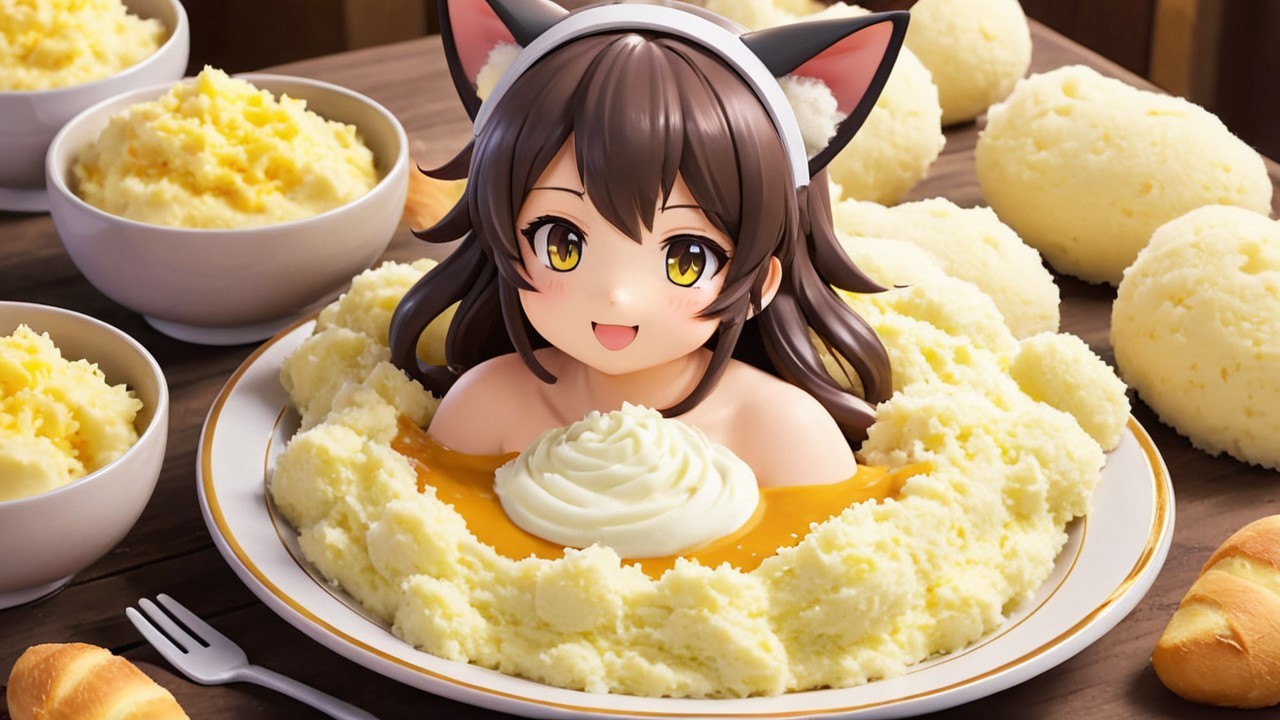 Playful Character with Cat Ears in Mashed Potatoes