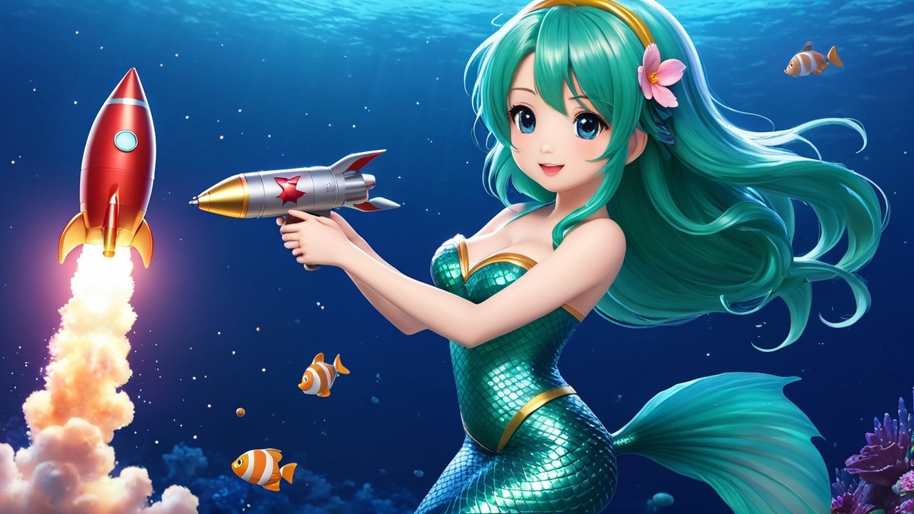 Cheerful mermaid with ray gun in vibrant underwater scene