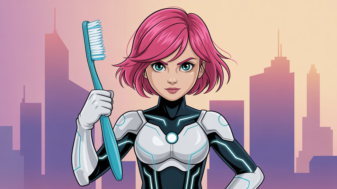 Confident Anime Girl in High-Tech Suit at Dusk