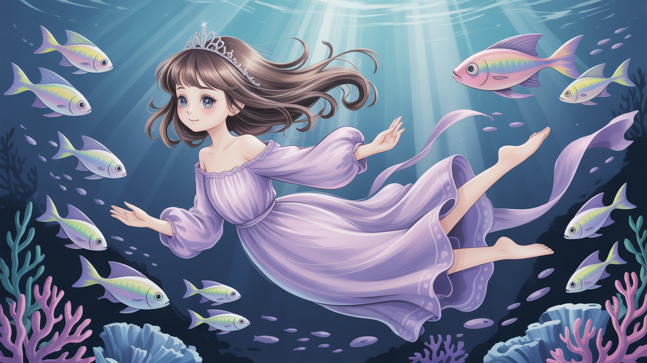 Underwater Scene with Young Woman and Colorful Fish