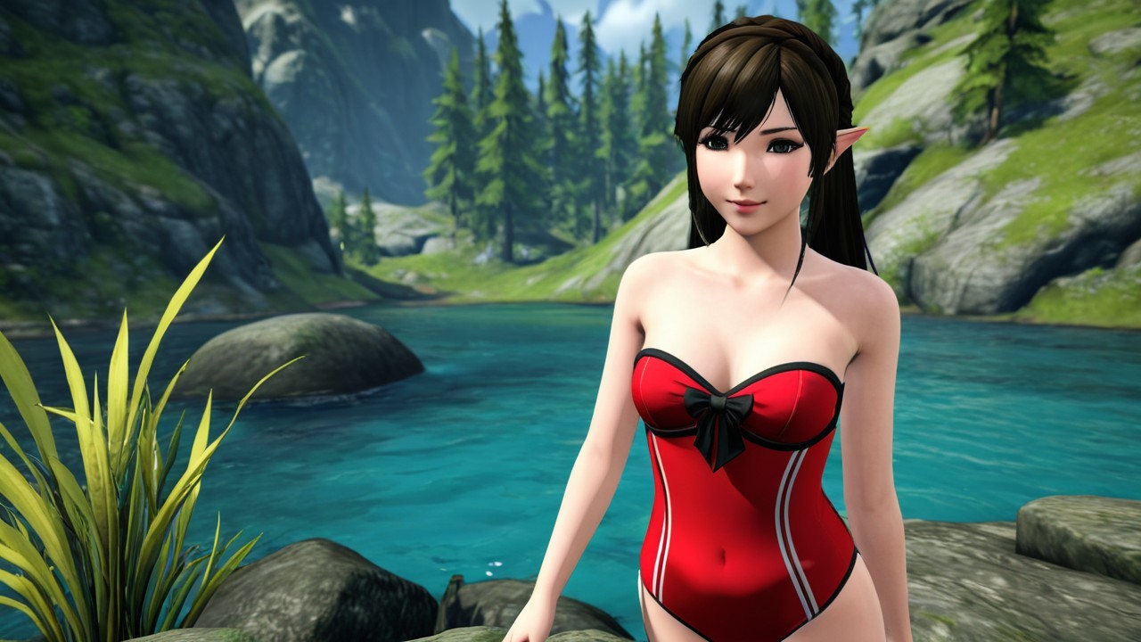 Young woman by serene lake in red swimsuit