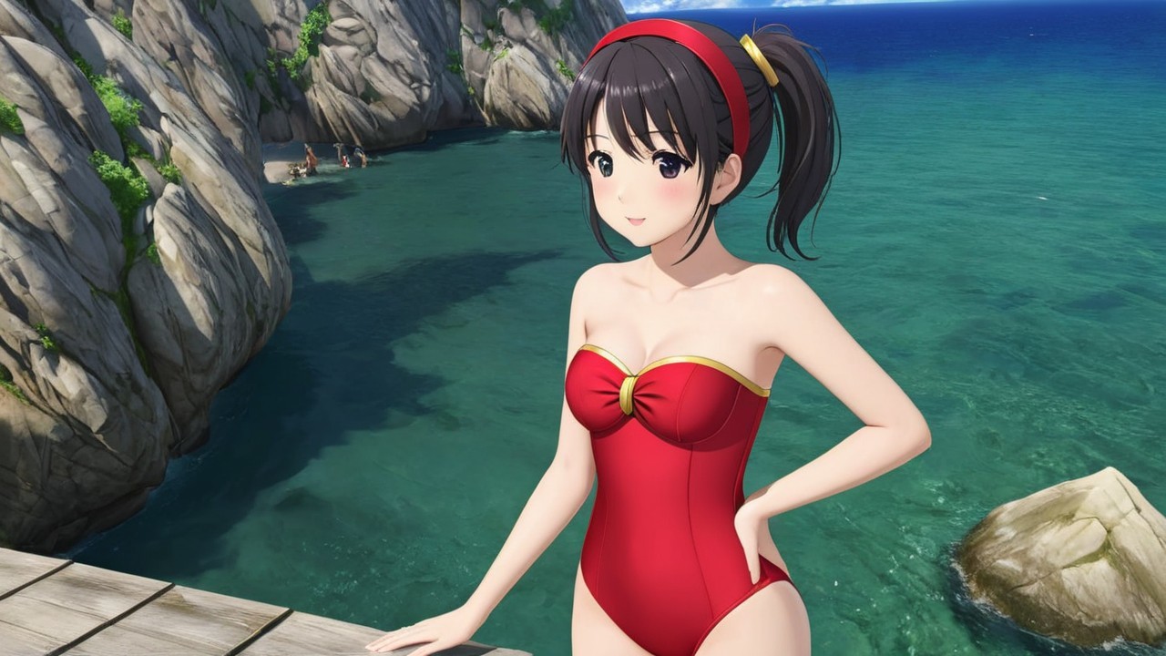 Young woman in red swimsuit on scenic coastal pier