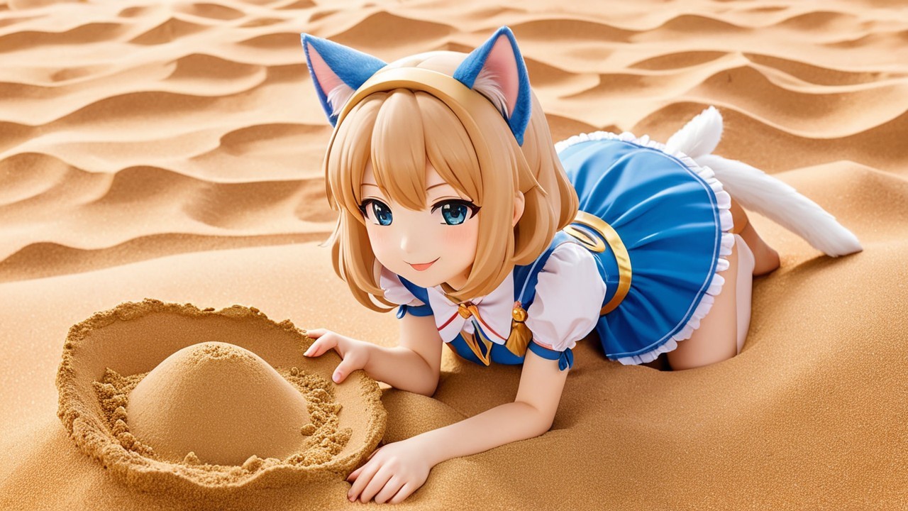 Anime Character with Cat Ears in Sandy Terrain