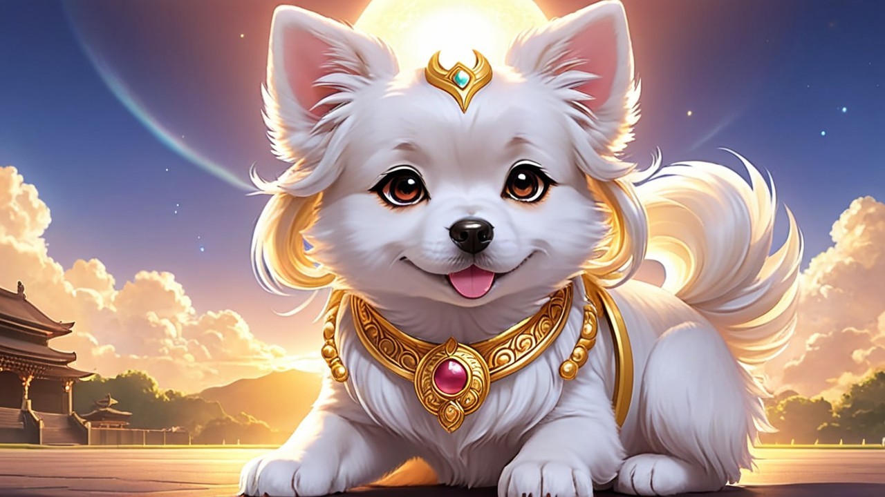 Fluffy White Puppy with Jewel Collar at Sunset