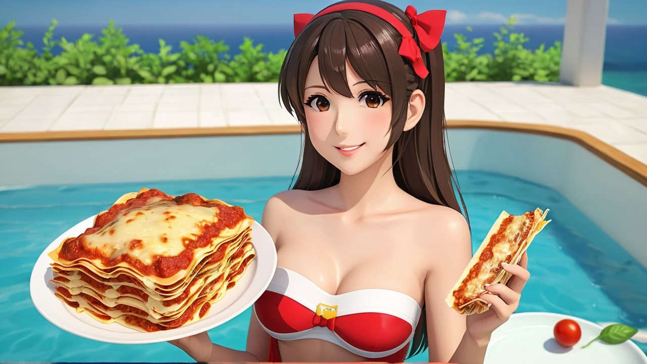 Cheerful Animated Character by Pool with Lasagna Plate