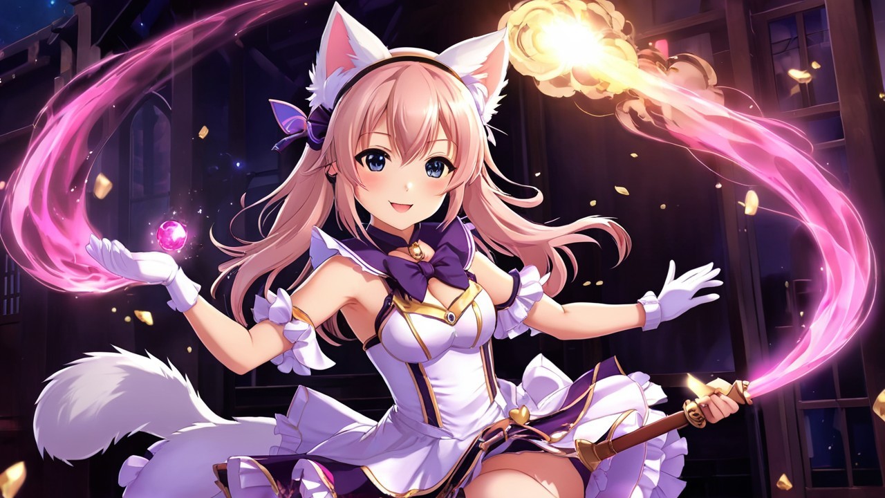 Whimsical character with cat ears in magical attire