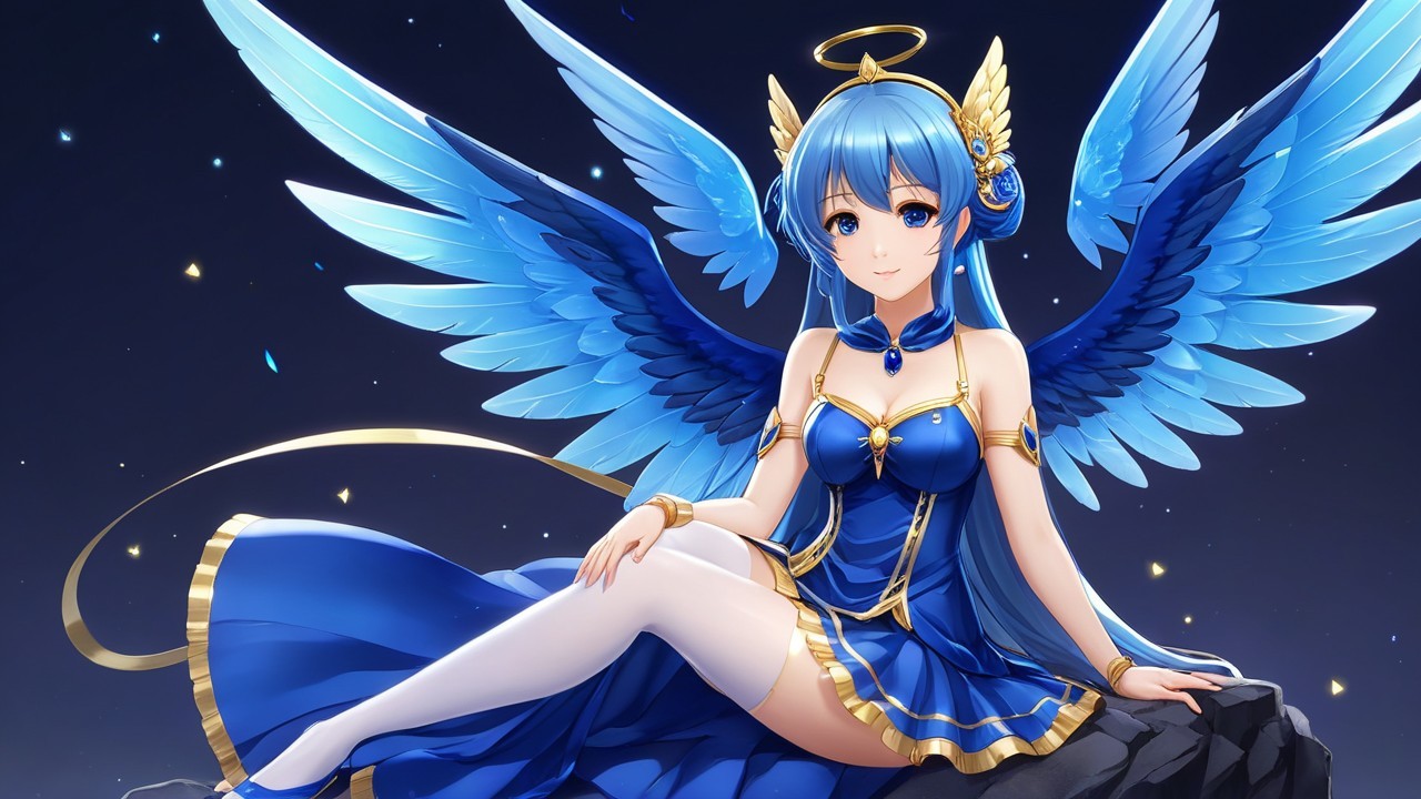 Elegant figure with blue wings in a starry night setting