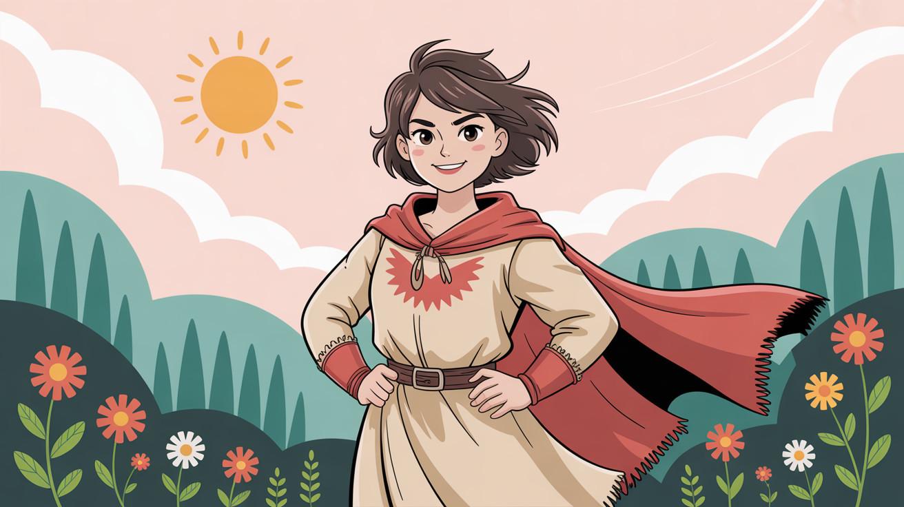 Cartoon Illustration of a Smiling Girl in Nature