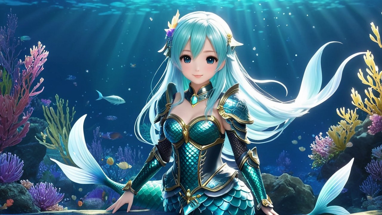 Underwater Scene with a Fantastical Mermaid and Coral