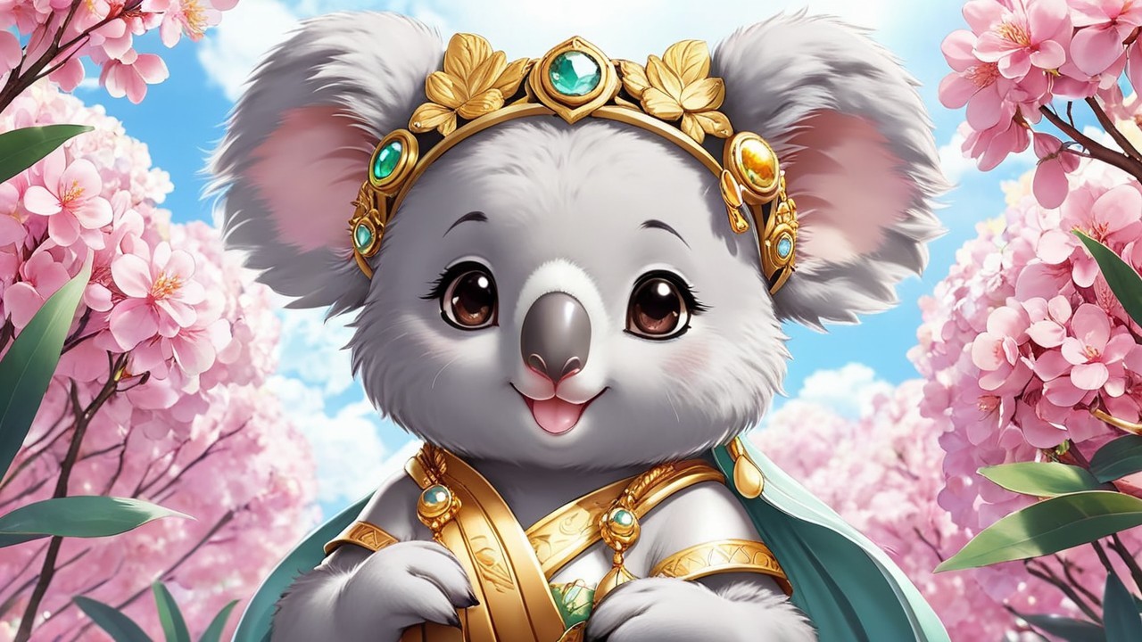 Cartoon Koala in Regal Outfit Amid Cherry Blossoms