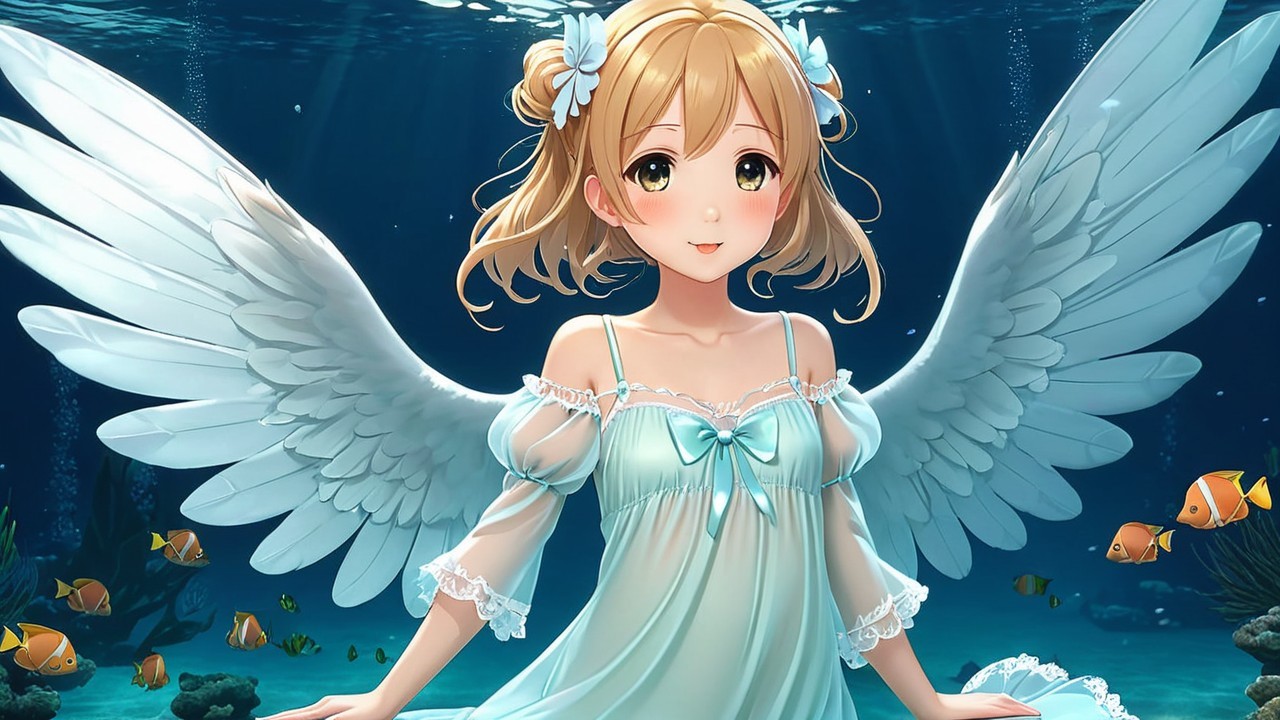 Underwater Scene with Ethereal Girl and Colorful Fish