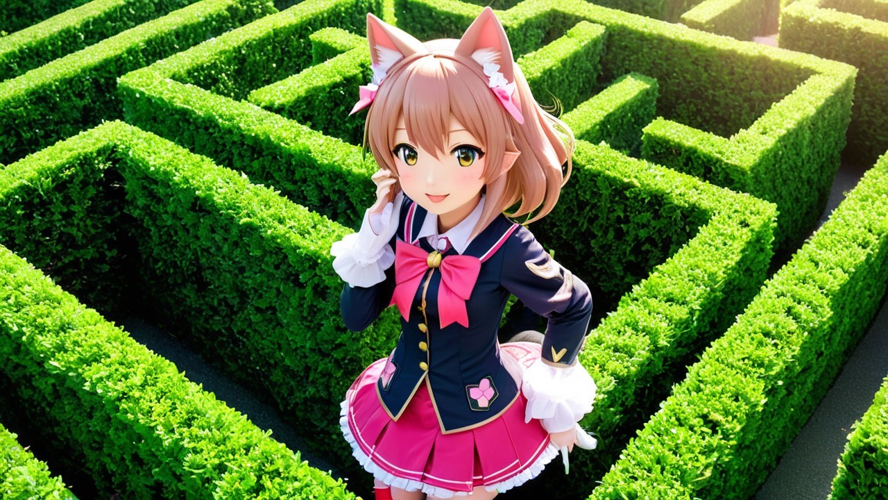 Cheerful anime character in a green maze setting
