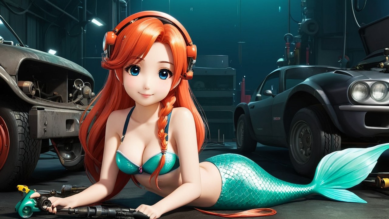 Mermaid in Garage Surrounded by Classic Cars and Tools