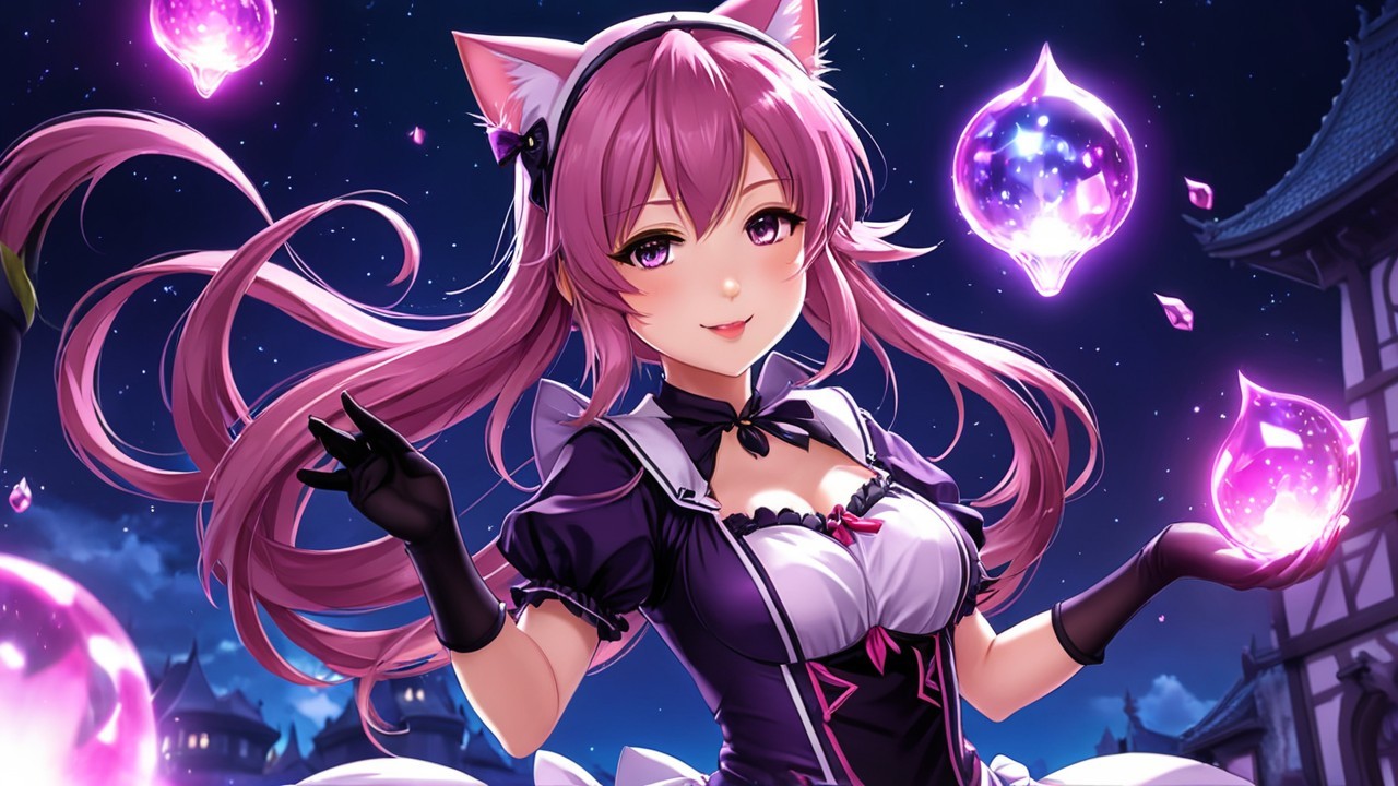 Anime character with pink hair and cat ears in maid outfit