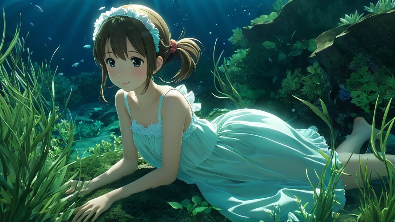 Underwater Scene of a Girl Among Seaweed and Fish