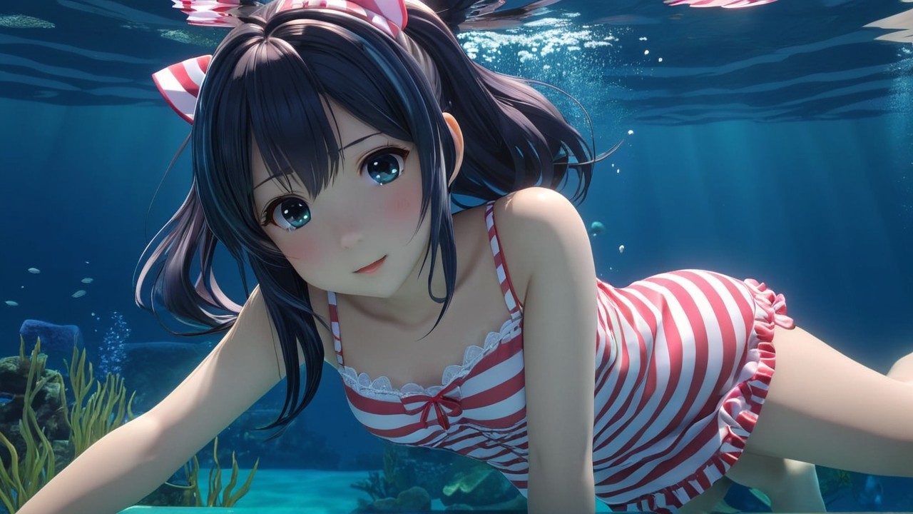 Young girl underwater with playful smile and colorful fish