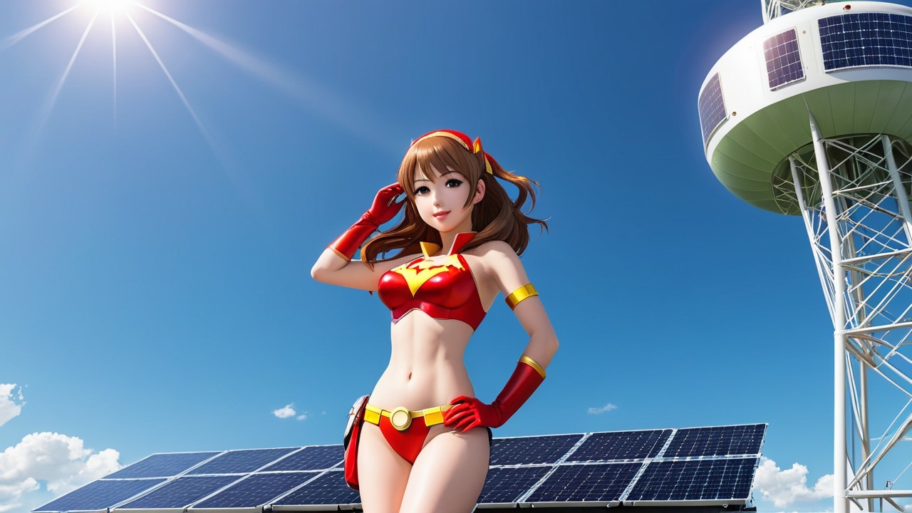 Female superhero on solar panels in vibrant scene