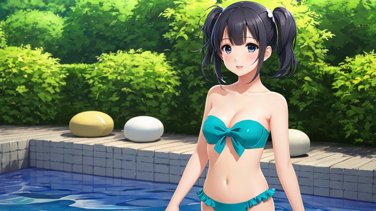 Cheerful anime character by sparkling pool in teal bikini