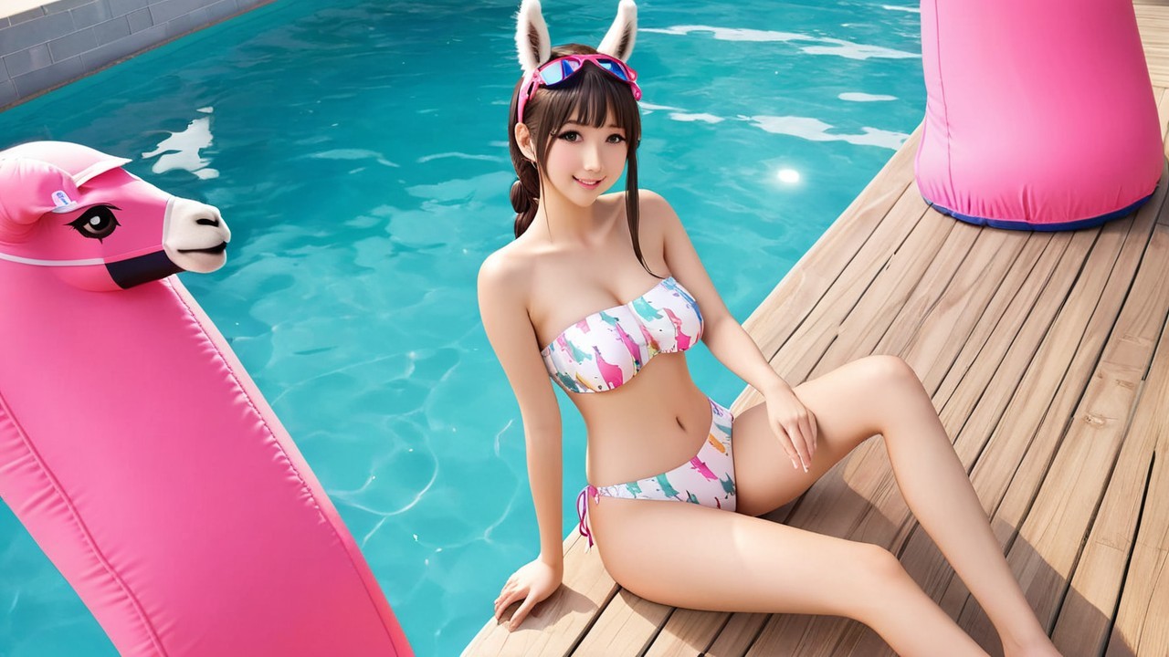 Young woman by blue pool with inflatable llamas
