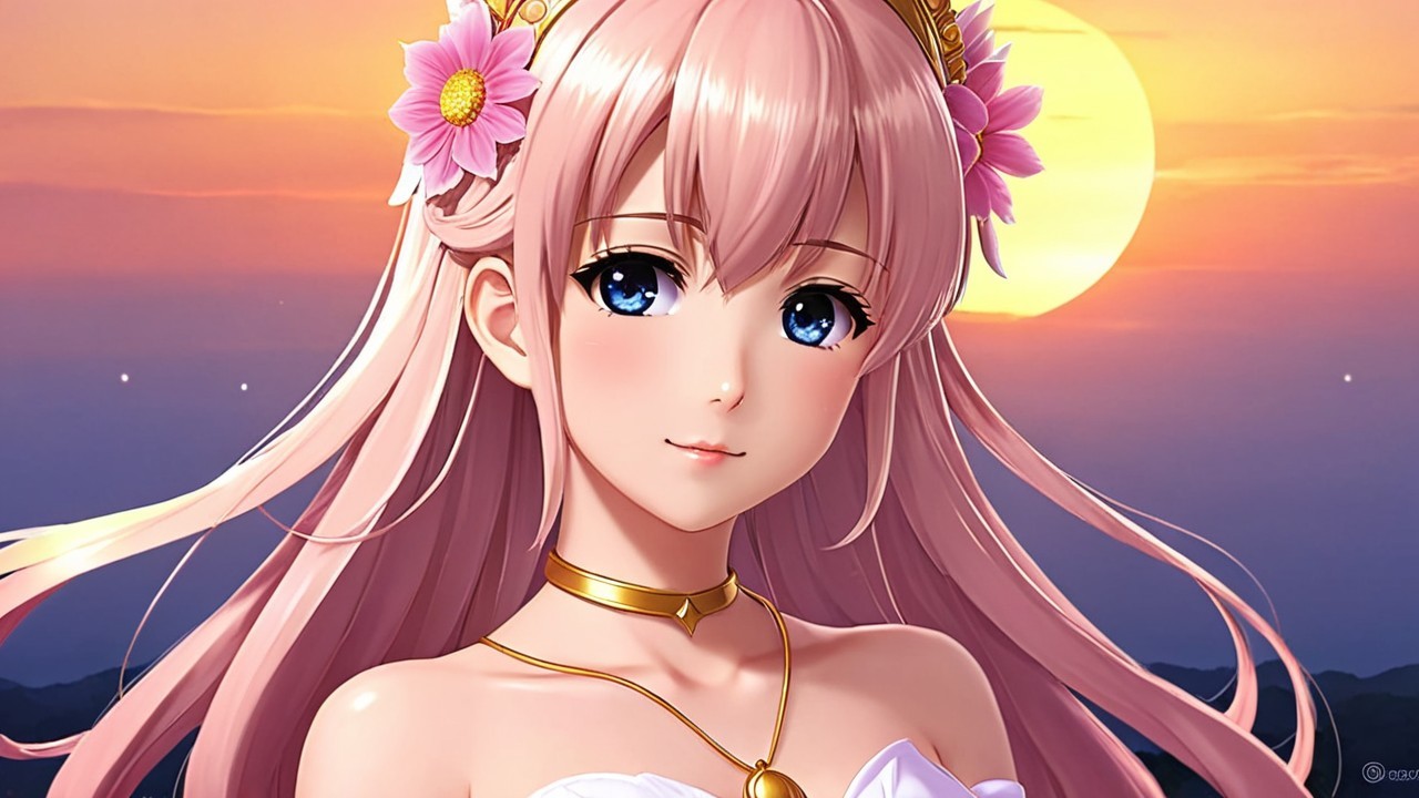 Anime Character in White Dress at Vibrant Sunset