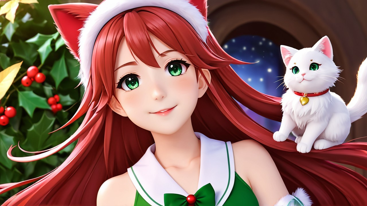 Cheerful Girl in Holiday Outfit with Cat and Christmas Tree